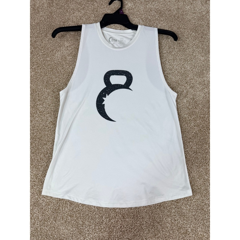 Zyia Active White Kettlebell Moon Graphic Muscle Tank Top Womens Medium M Gym